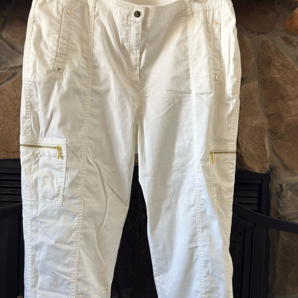 Chico White Cargo Capris with Gold Accents